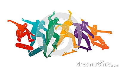 Skate people silhouettes skateboarders colorful vector illustration background extreme active Cartoon Illustration